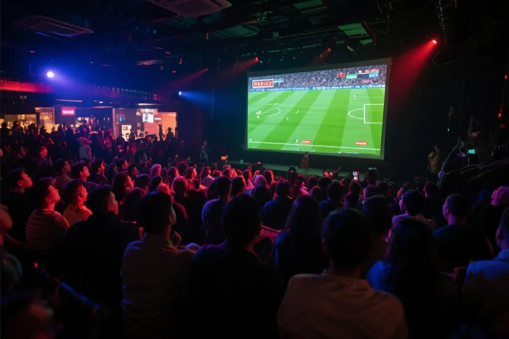 多人在酒吧或活动空间观看大屏足球直播的热烈氛围，墙上投影显示赛前节目